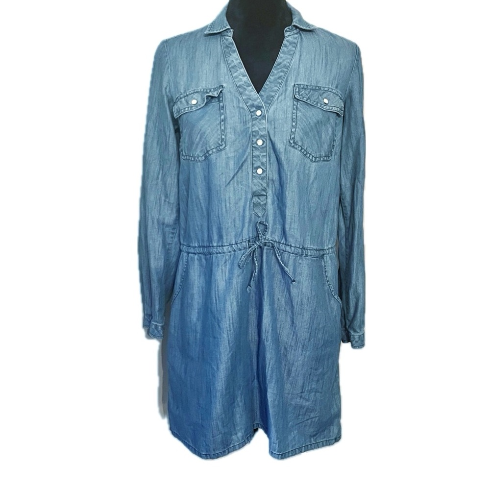 PRINCESS VERA WANG Denim Shirt Dress Button Front Cinch Waist Roll Tab Sz S